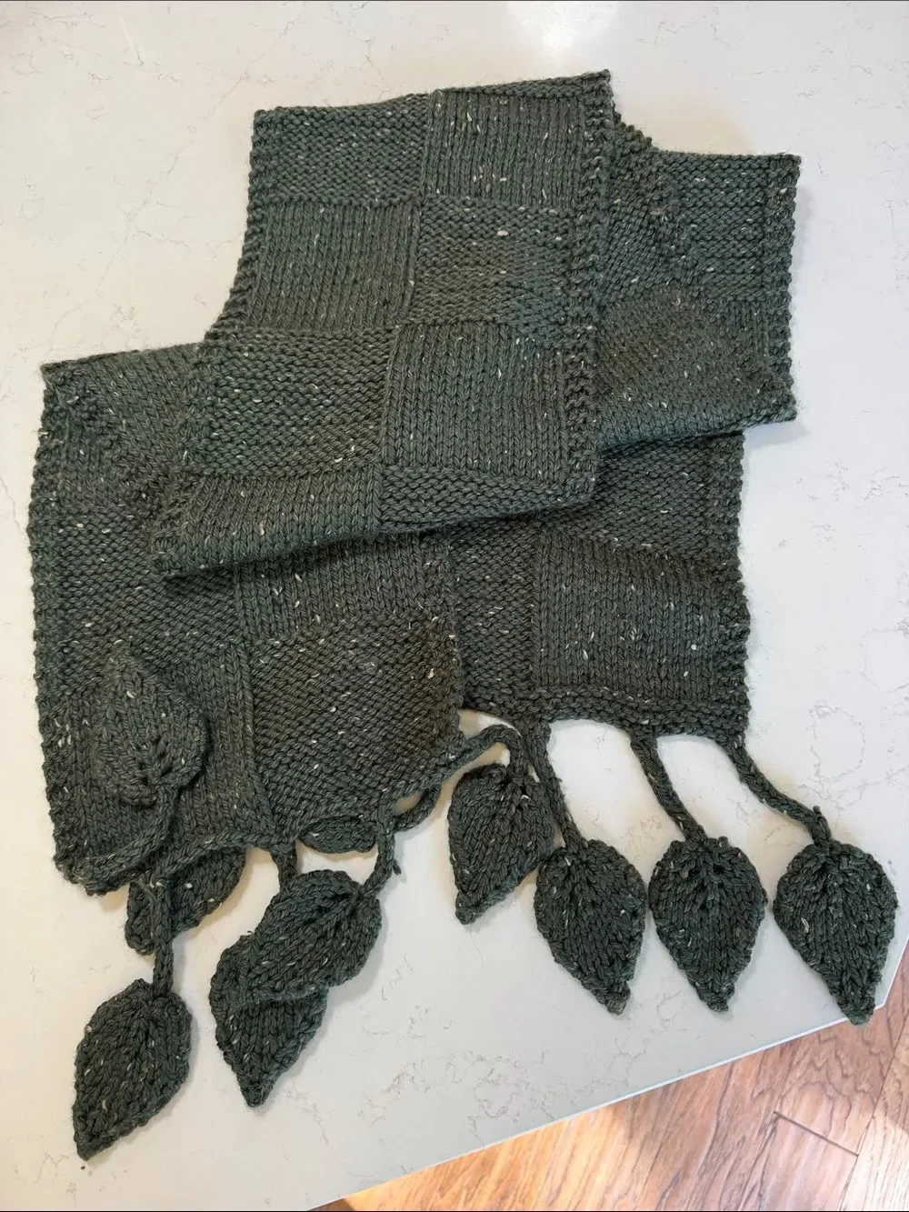 Handmade Dark Olive Knit Scarf with Leaf Tassels